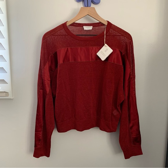 Brunello Cucinelli Medium NEW Red Linen Knit Sweater Silk Front Stripe - Picture 1 of 12